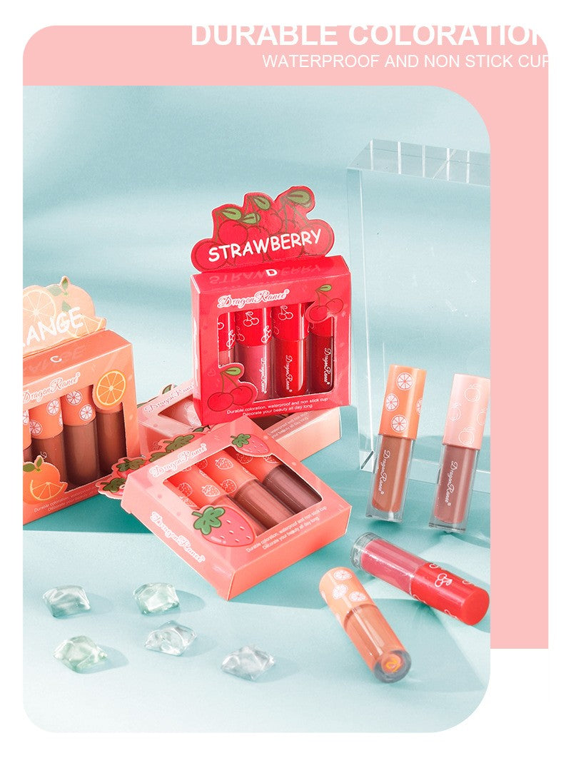 4 Pcs Strawberry Matte Lipstick Set - Lip Stains with Waterproof, Non-Stick, Velvety Finish and Long-Lasting Lip Glaze - Perfect Valentine's Day Gifts for Women with Lip Care Benefits
