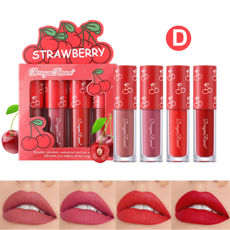 4 Pcs Strawberry Matte Lipstick Set - Lip Stains with Waterproof, Non-Stick, Velvety Finish and Long-Lasting Lip Glaze - Perfect Valentine's Day Gifts for Women with Lip Care Benefits