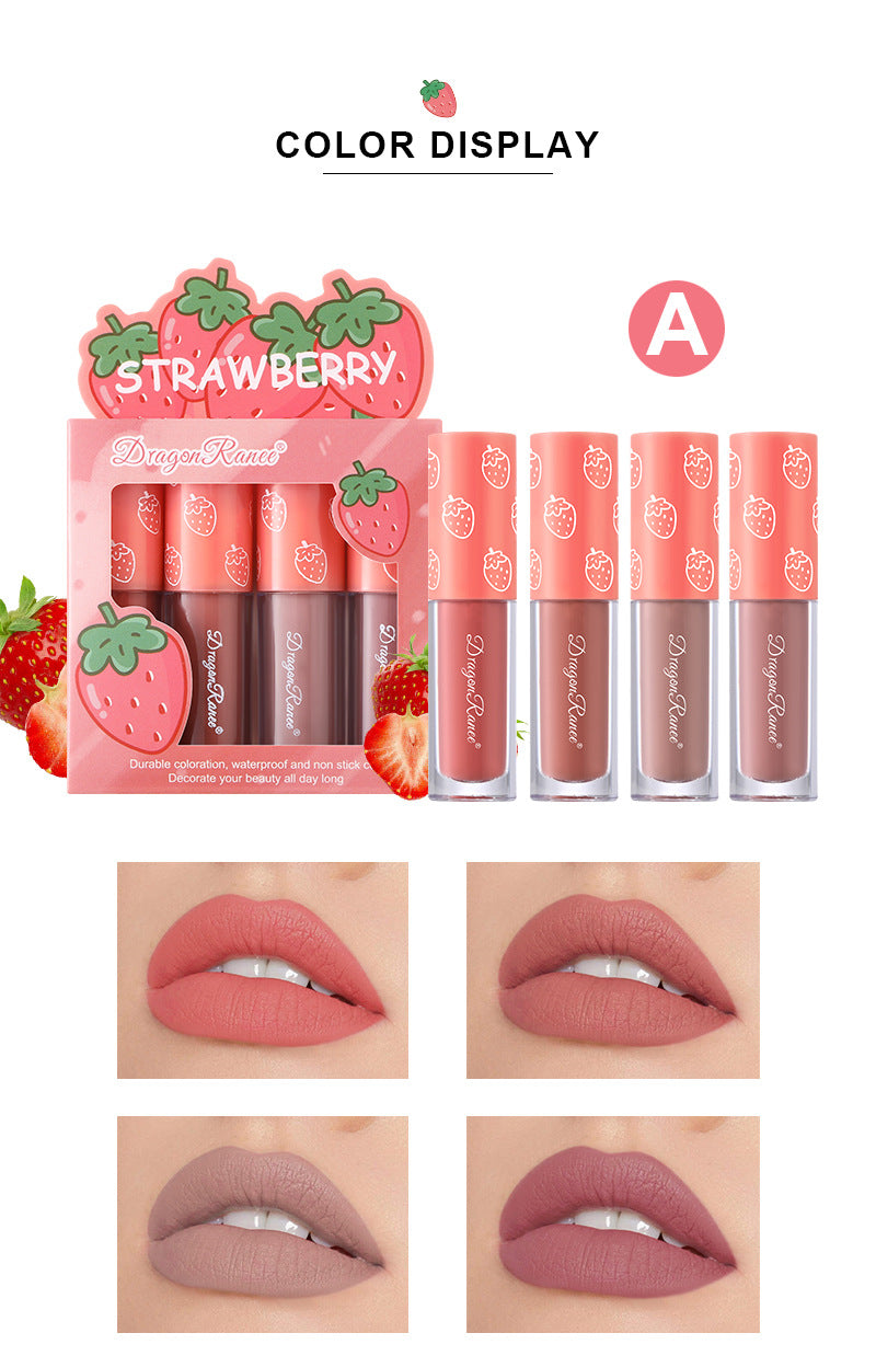 4 Pcs Strawberry Matte Lipstick Set - Lip Stains with Waterproof, Non-Stick, Velvety Finish and Long-Lasting Lip Glaze - Perfect Valentine's Day Gifts for Women with Lip Care Benefits