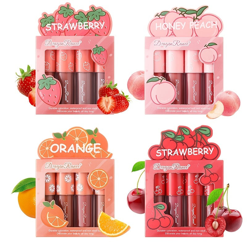 4 Pcs Strawberry Matte Lipstick Set - Lip Stains with Waterproof, Non-Stick, Velvety Finish and Long-Lasting Lip Glaze - Perfect Valentine's Day Gifts for Women with Lip Care Benefits