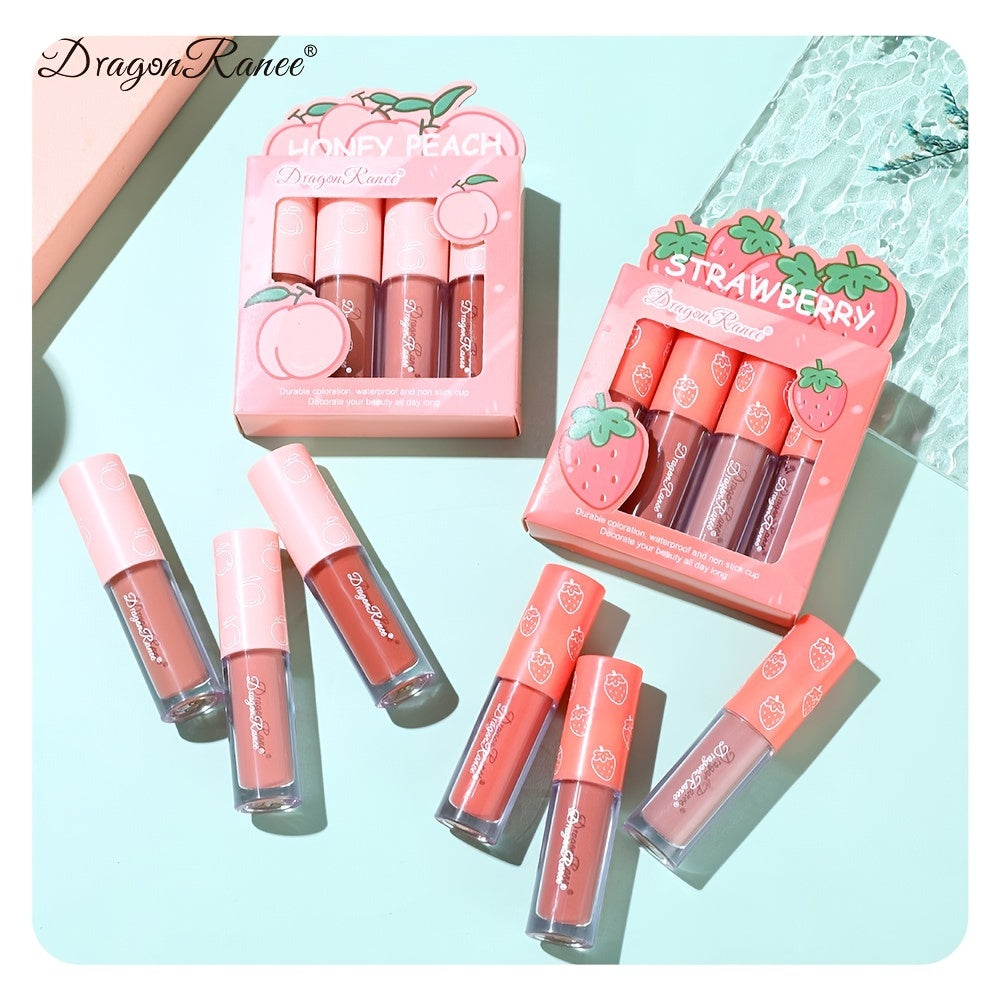 4 Pcs Strawberry Matte Lipstick Set - Lip Stains with Waterproof, Non-Stick, Velvety Finish and Long-Lasting Lip Glaze - Perfect Valentine's Day Gifts for Women with Lip Care Benefits