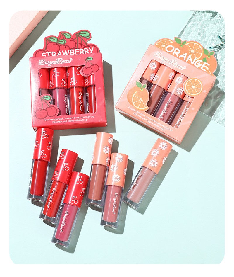4 Pcs Strawberry Matte Lipstick Set - Lip Stains with Waterproof, Non-Stick, Velvety Finish and Long-Lasting Lip Glaze - Perfect Valentine's Day Gifts for Women with Lip Care Benefits