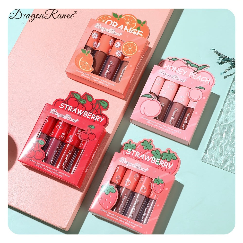 4 Pcs Strawberry Matte Lipstick Set - Lip Stains with Waterproof, Non-Stick, Velvety Finish and Long-Lasting Lip Glaze - Perfect Valentine's Day Gifts for Women with Lip Care Benefits