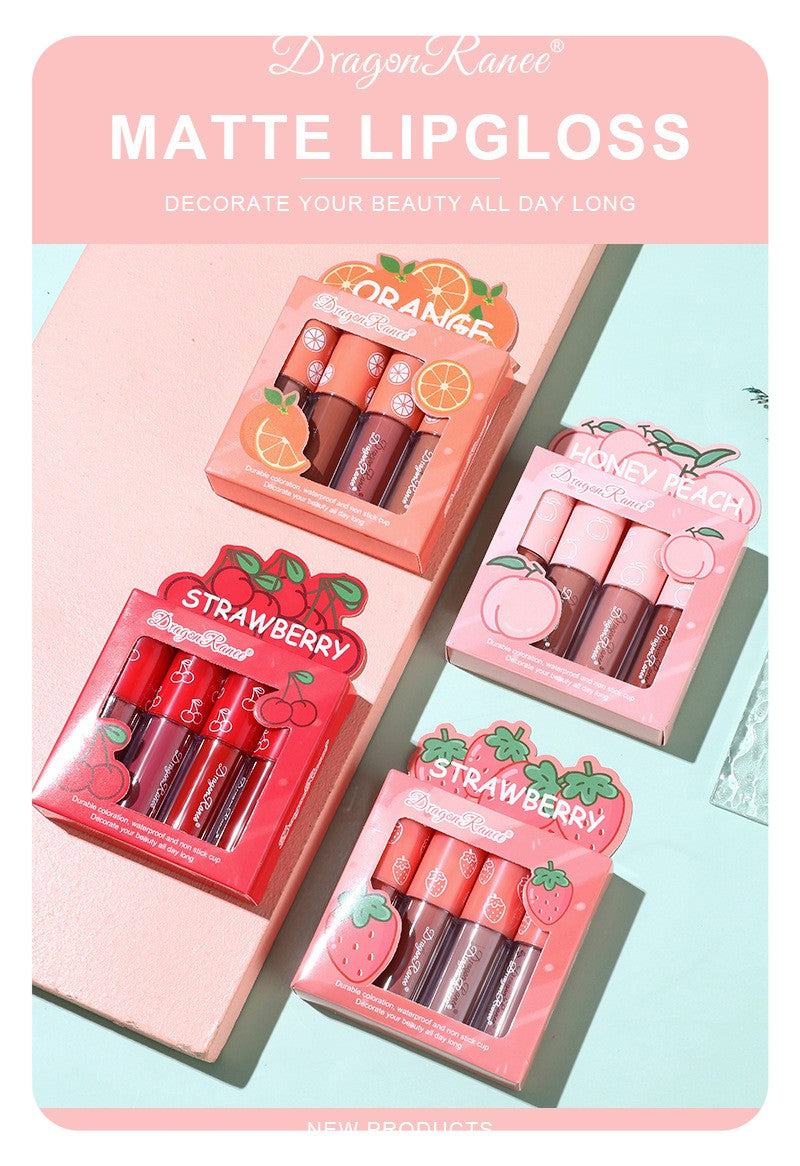 4 Pcs Strawberry Matte Lipstick Set - Lip Stains with Waterproof, Non-Stick, Velvety Finish and Long-Lasting Lip Glaze - Perfect Valentine's Day Gifts for Women with Lip Care Benefits