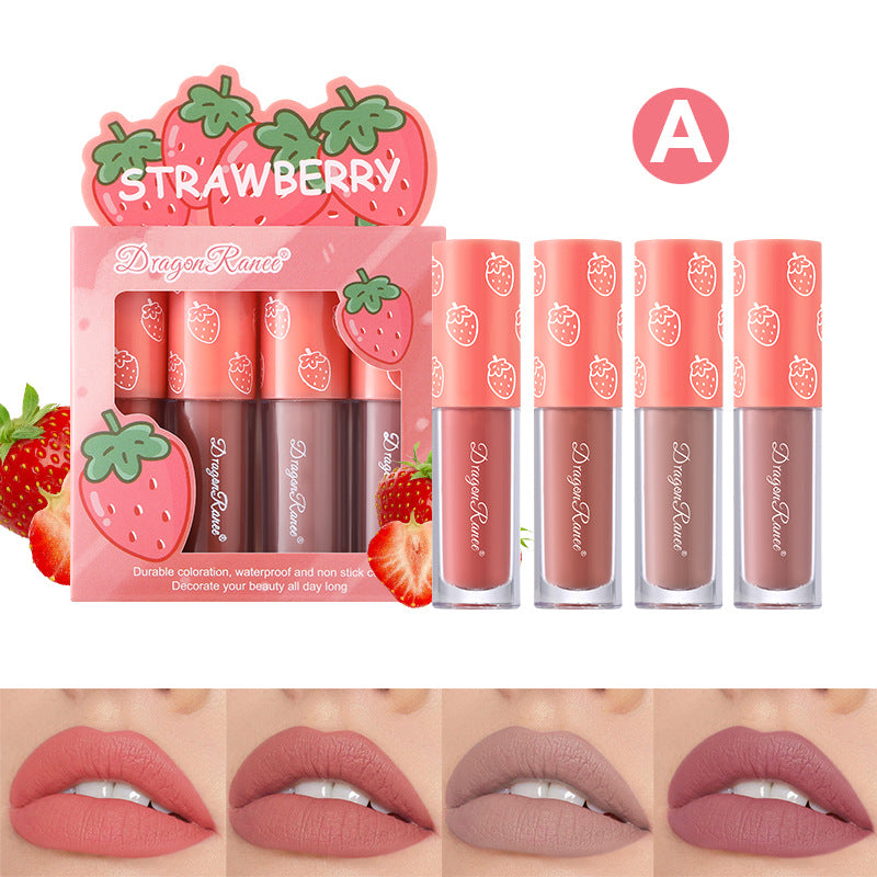 4 Pcs Strawberry Matte Lipstick Set - Lip Stains with Waterproof, Non-Stick, Velvety Finish and Long-Lasting Lip Glaze - Perfect Valentine's Day Gifts for Women with Lip Care Benefits