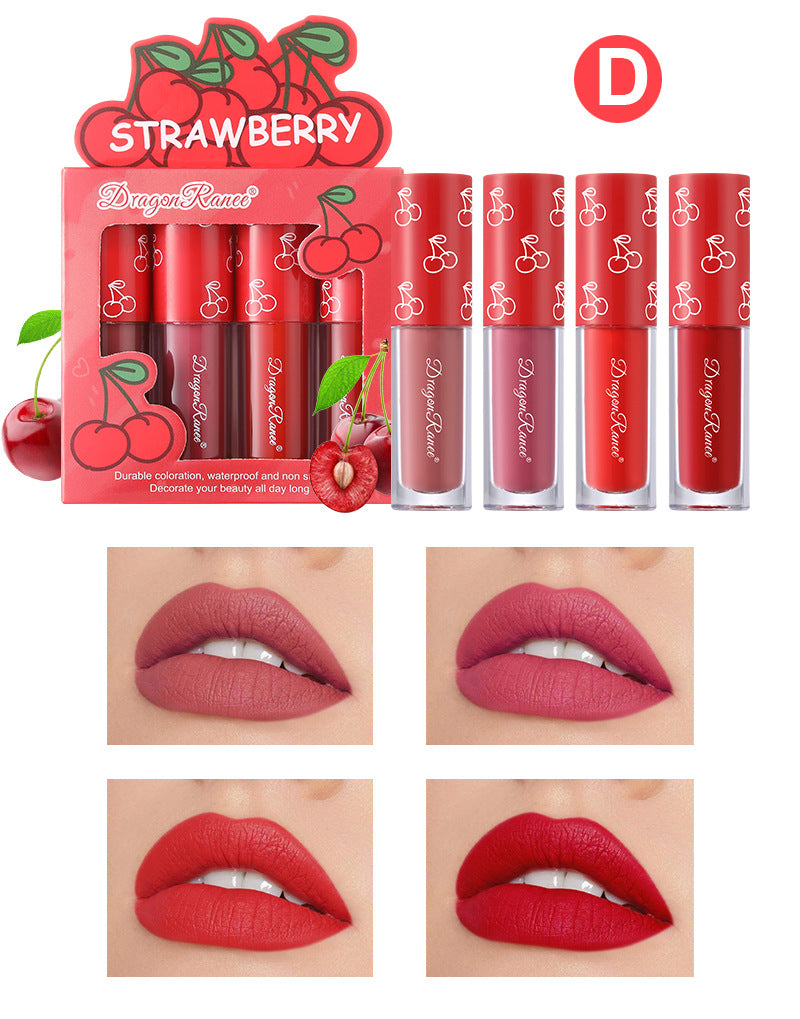 4 Pcs Strawberry Matte Lipstick Set - Lip Stains with Waterproof, Non-Stick, Velvety Finish and Long-Lasting Lip Glaze - Perfect Valentine's Day Gifts for Women with Lip Care Benefits