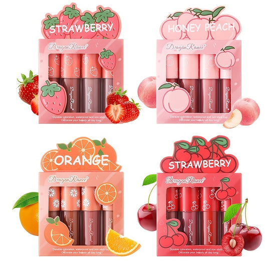 4 Pcs Strawberry Matte Lipstick Set - Lip Stains with Waterproof, Non-Stick, Velvety Finish and Long-Lasting Lip Glaze - Perfect Valentine's Day Gifts for Women with Lip Care Benefits