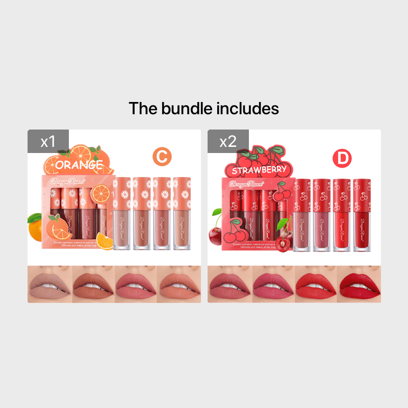 4 Pcs Strawberry Matte Lipstick Set - Lip Stains with Waterproof, Non-Stick, Velvety Finish and Long-Lasting Lip Glaze - Perfect Valentine's Day Gifts for Women with Lip Care Benefits