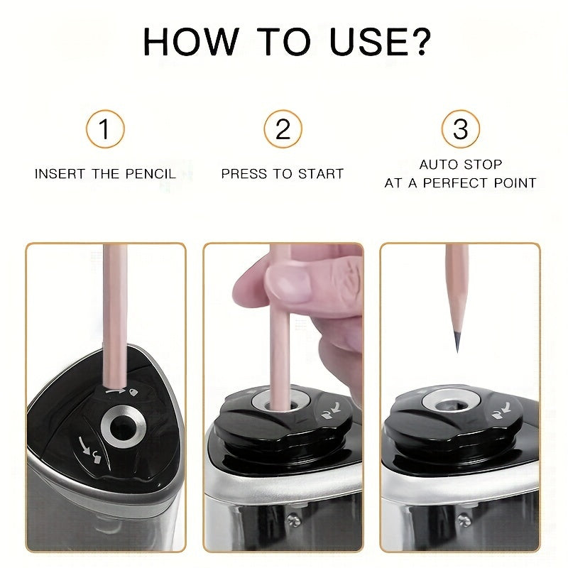 Automatic Electric Pencil Sharpener with Auto-Stop & Lead Breakage Prevention - Black Desktop Sharpener for Office & School, No Battery Needed, Compact Design, Sharpens Pencils in Seconds, Pencil Sharpener Electric, School Su