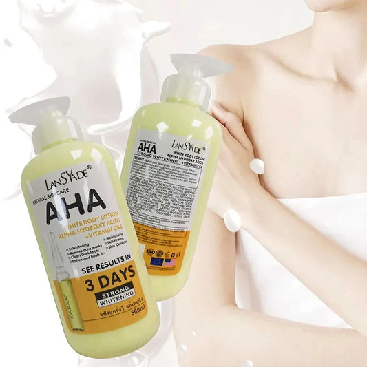 Crème blanchissante pour le corps, acides hydroxy AHA, vitamine C & E, Lotion hydratante éclaircissante pour le corps, élimine les marques d'acné, soins pour la peau, 500ml