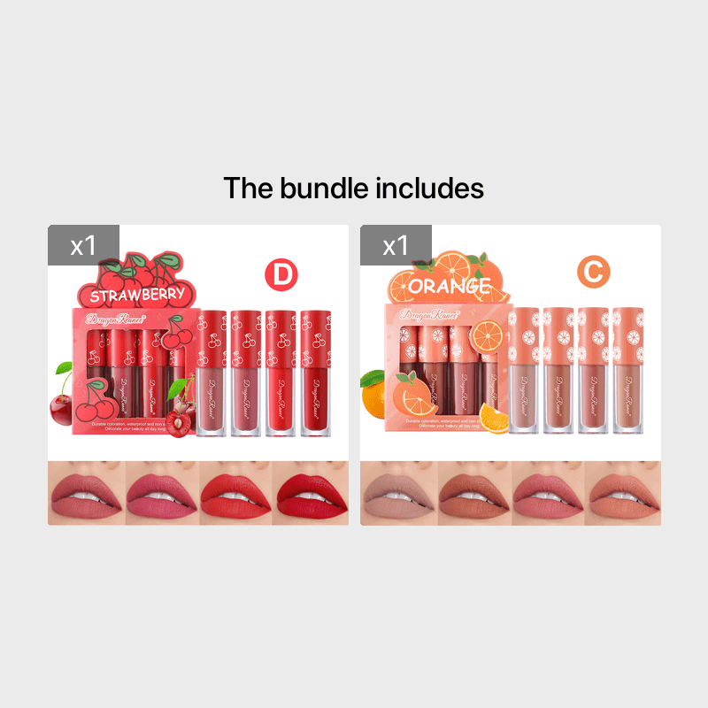 4 Pcs Strawberry Matte Lipstick Set - Lip Stains with Waterproof, Non-Stick, Velvety Finish and Long-Lasting Lip Glaze - Perfect Valentine's Day Gifts for Women with Lip Care Benefits
