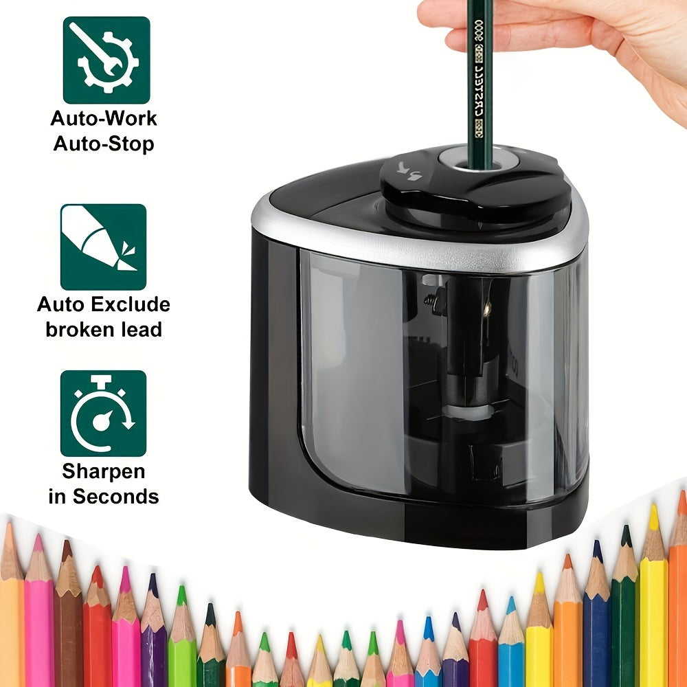 Automatic Electric Pencil Sharpener with Auto-Stop & Lead Breakage Prevention - Black Desktop Sharpener for Office & School, No Battery Needed, Compact Design, Sharpens Pencils in Seconds, Pencil Sharpener Electric, School Su