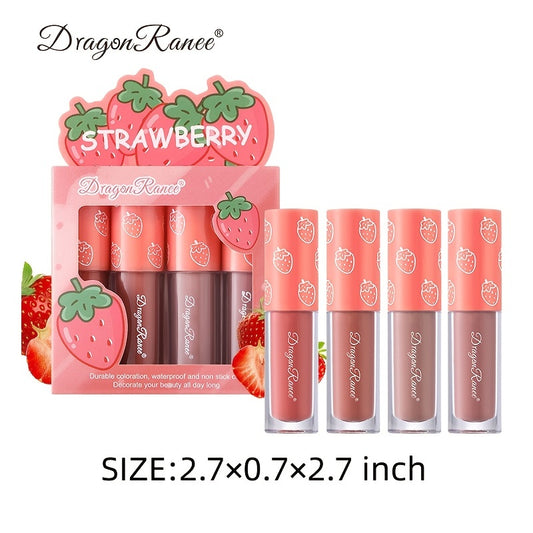4 Pcs Strawberry Matte Lipstick Set - Lip Stains with Waterproof, Non-Stick, Velvety Finish and Long-Lasting Lip Glaze - Perfect Valentine's Day Gifts for Women with Lip Care Benefits