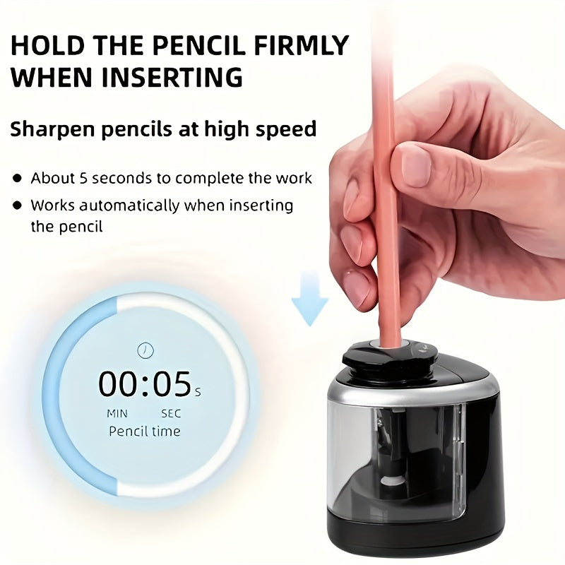 Automatic Electric Pencil Sharpener with Auto-Stop & Lead Breakage Prevention - Black Desktop Sharpener for Office & School, No Battery Needed, Compact Design, Sharpens Pencils in Seconds, Pencil Sharpener Electric, School Su